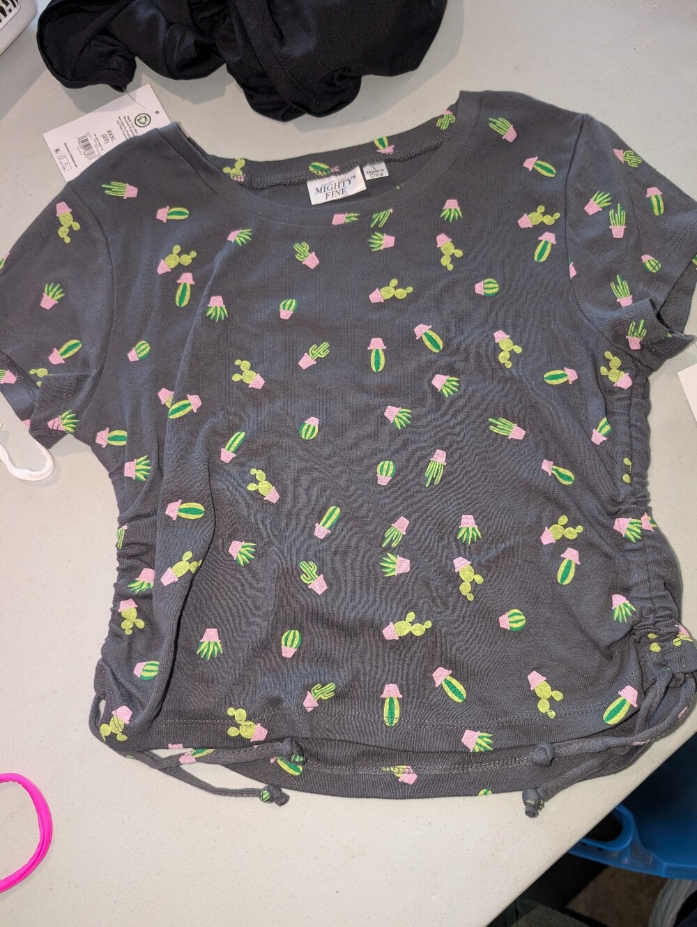 Mighty Fine Charcoal Tee with Green & Pink Cactus Print